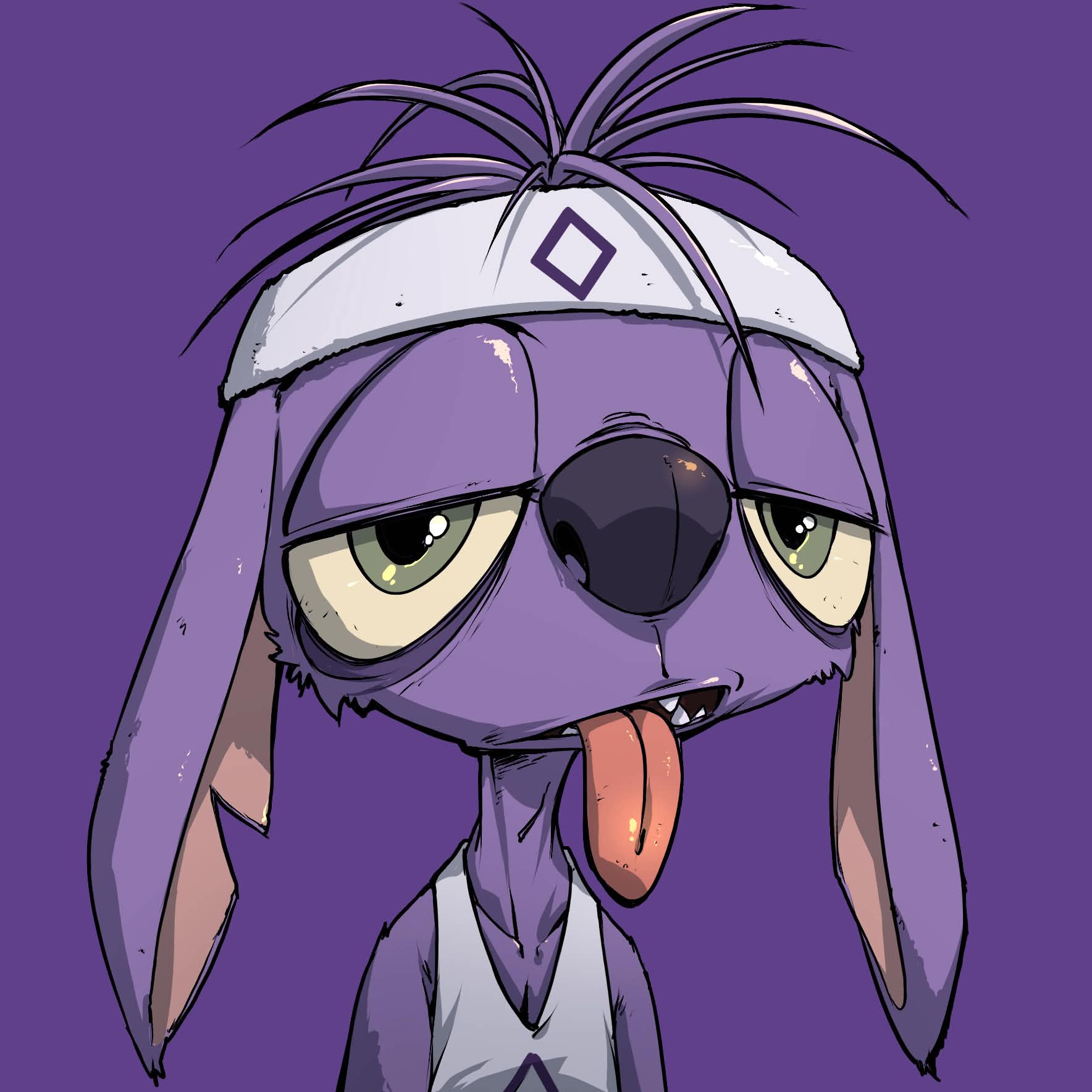 Moe, a purple, long-eared character with a white headband and his tongue out