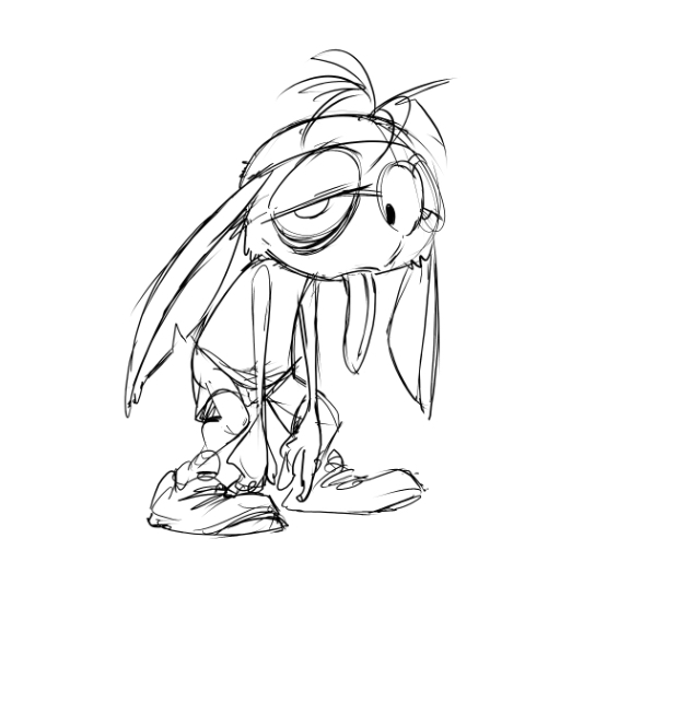 An early pencil sketch of Moe slouching in his oversized running shoes